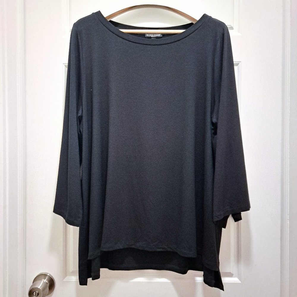 Eileen Fisher Black Jersey Jewel Neck Flare Sleeve Top Size 1X - Picture 2 of 12
